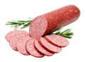 Geschnittene, geräucherte Wurst mit Rosmaringarnitur auf weißem Hintergrund