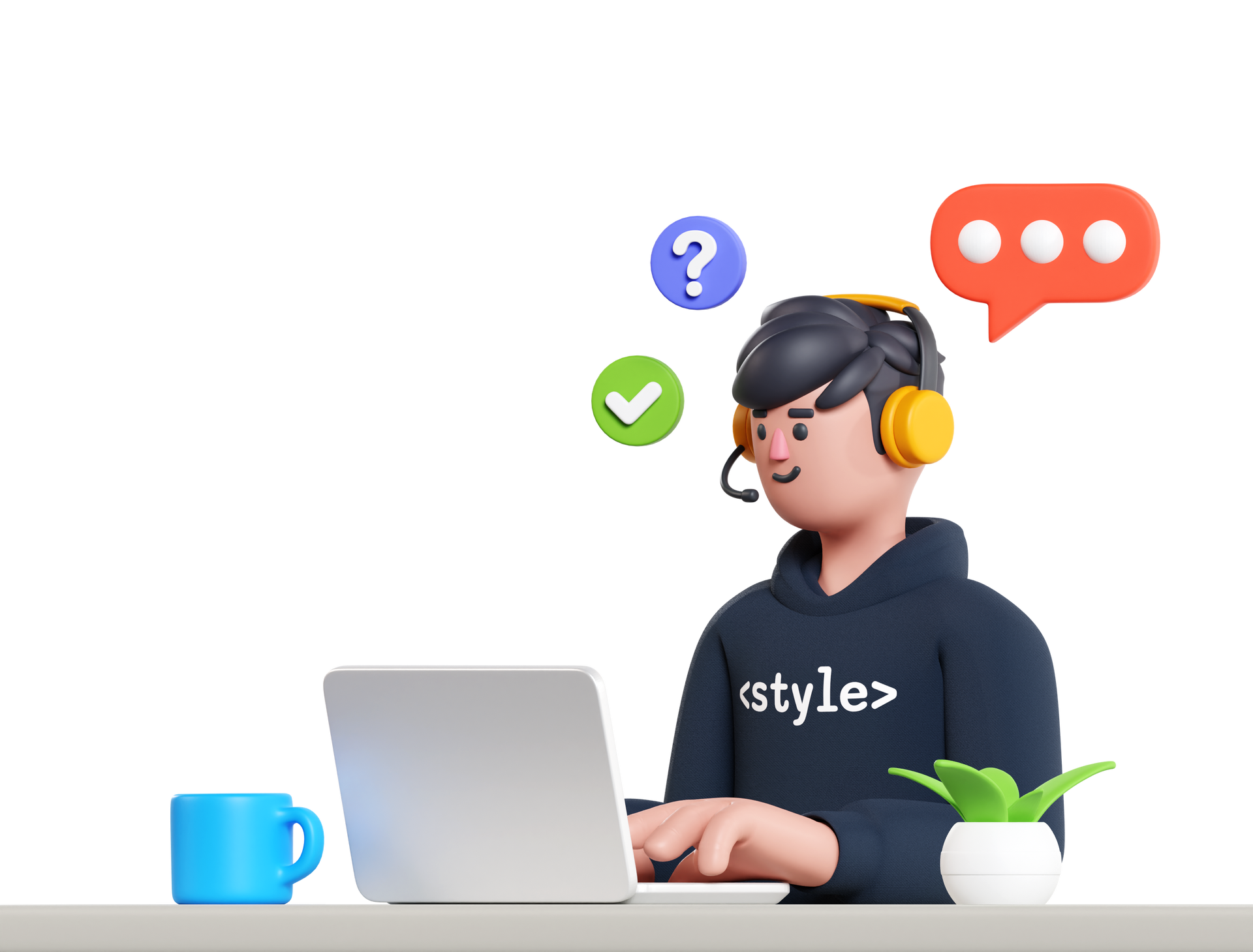 Um homem usando fones de ouvido está sentado em frente a um laptop.
