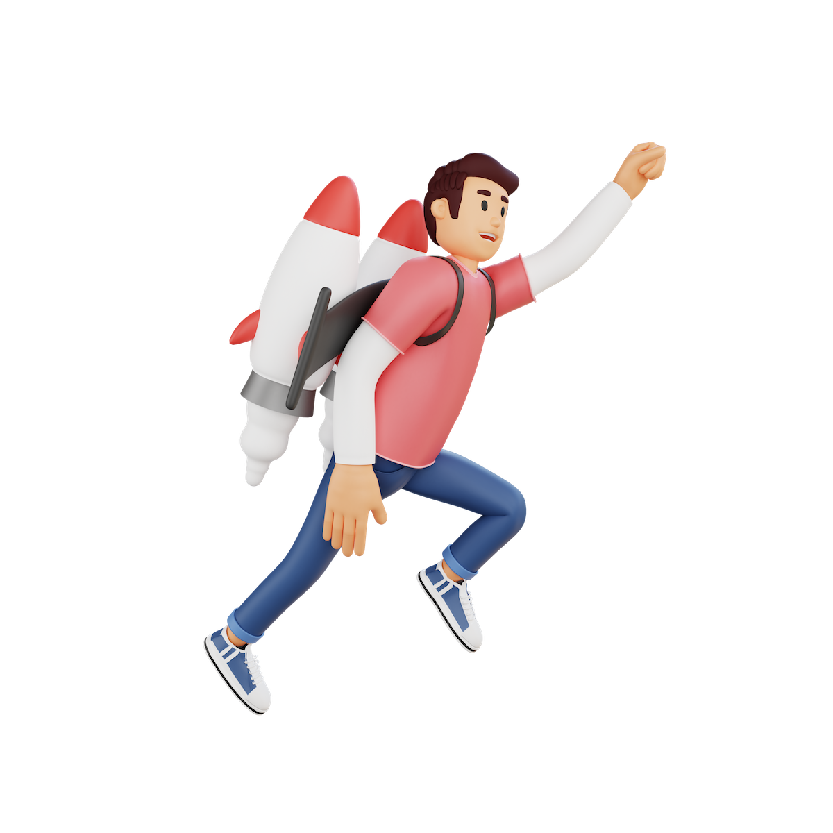 Um homem de desenho animado está correndo com um foguete nas costas.