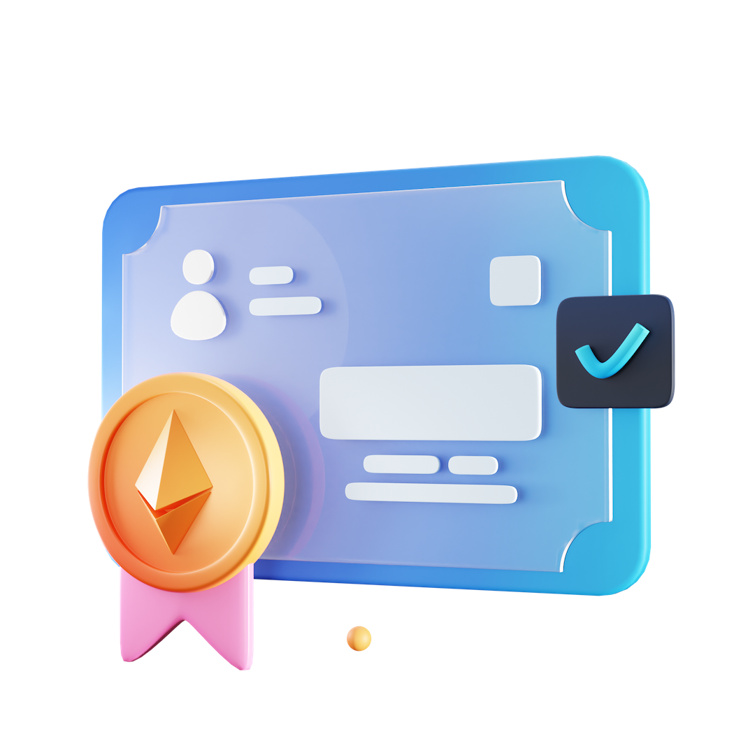 Uma ilustração 3D de um certificado com uma moeda e uma marca de seleção.