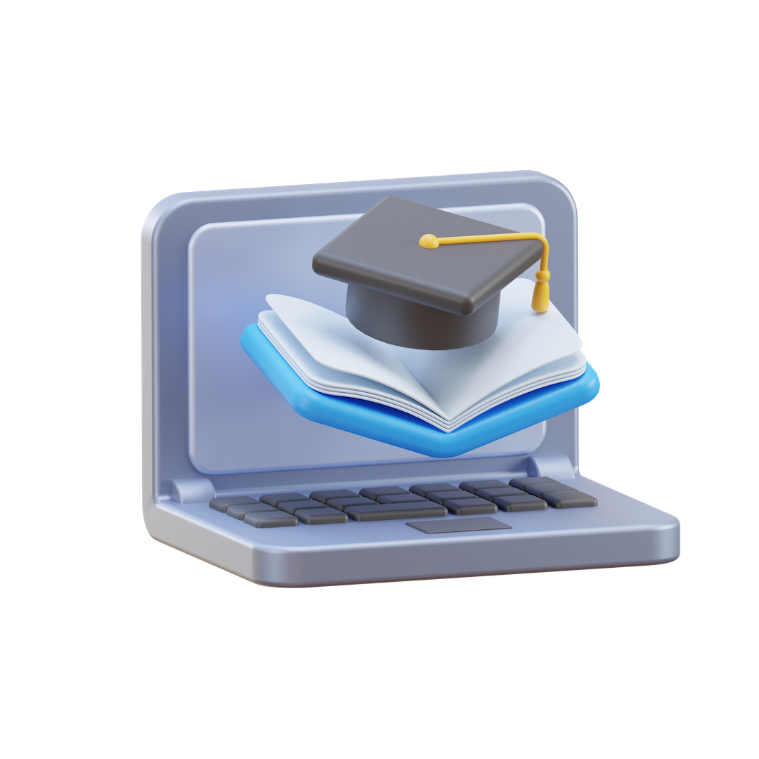 Um laptop com boné de formatura e um livro nele.