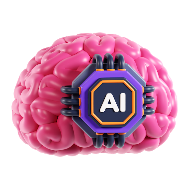 Um cérebro rosa com um chip roxo de inteligência artificial