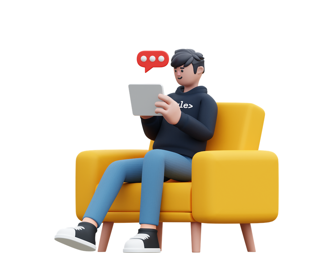 Um homem está sentado em uma cadeira amarela usando um tablet.