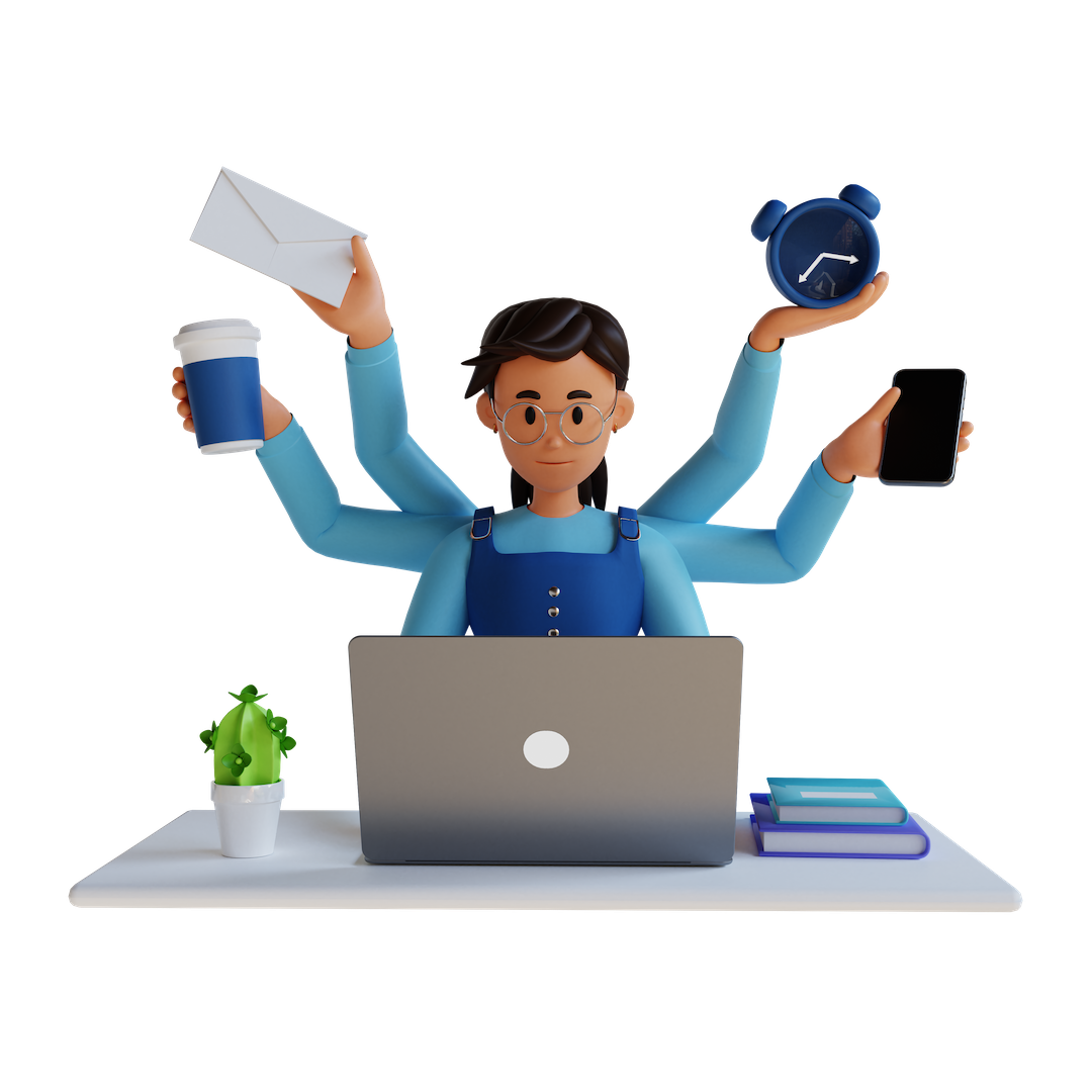 Um homem com muitas mãos está sentado em frente a um laptop.