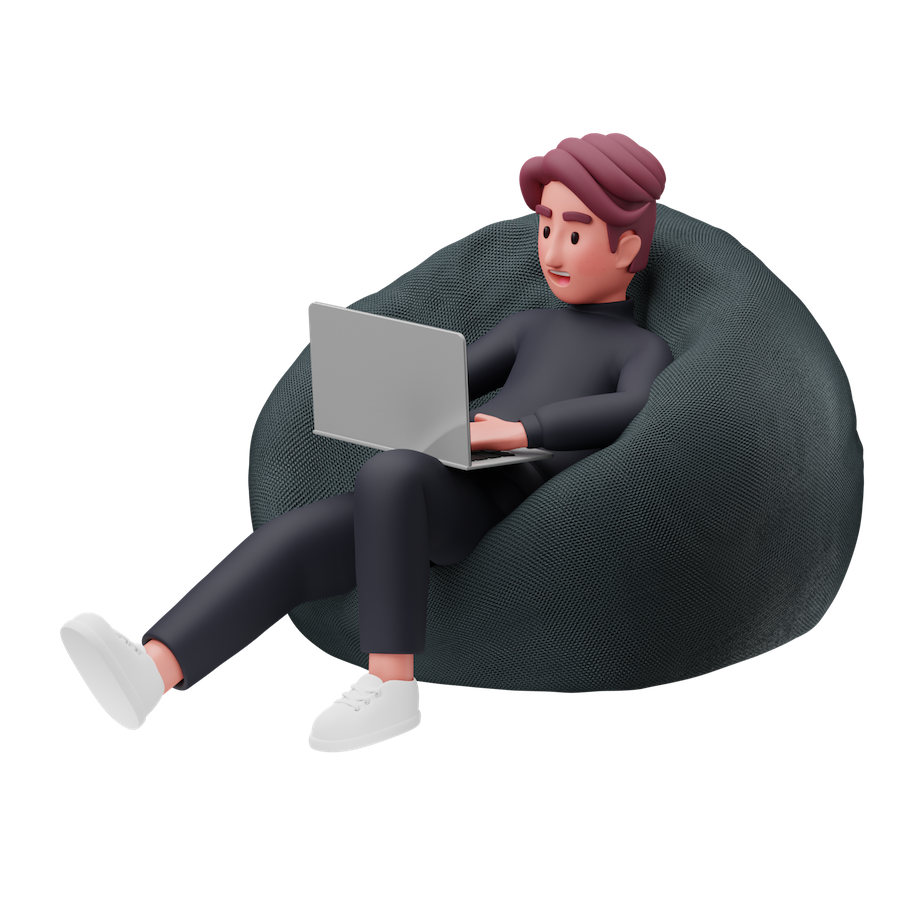 Um homem está sentado em um pufe usando um laptop.rd