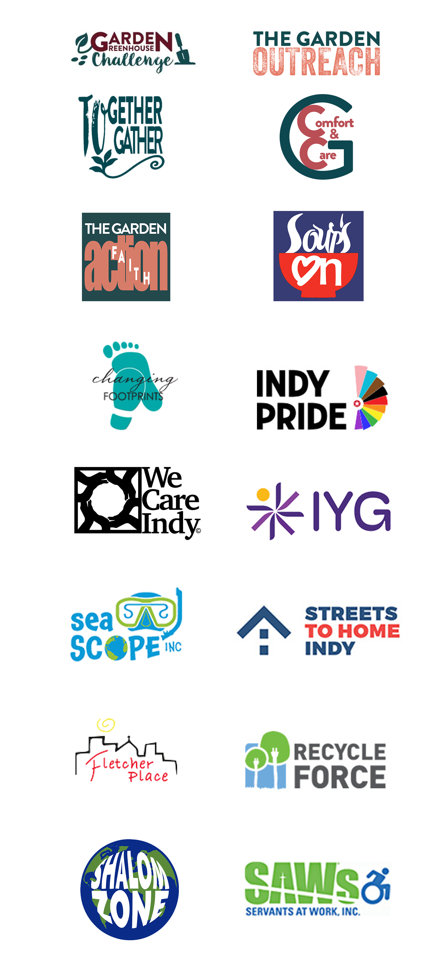 Logos of various organizations, including Indy Pride, Recycle Force, and Streets to Home Indy.