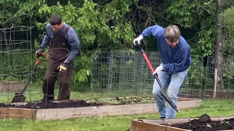Two people gardening, using tools in raised beds outdoors.