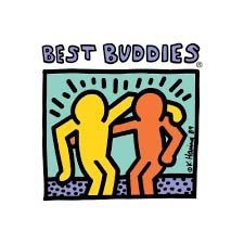 Best Buddies logo: Dancing figures with arms around each other. Yellow and orange figures in a blue bordered square.