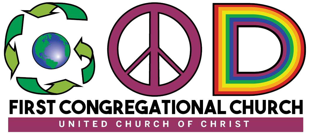 Logo for First Congregational Church, UCC, with green recycling symbol, peace sign, and rainbow letters “OD”