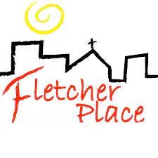 Logo for Fletcher Place, a neighborhood. Includes a skyline, cross, sun, and red text.
