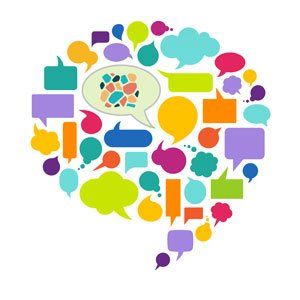 Colorful speech bubbles forming a large speech bubble shape, illustrating communication and ideas.