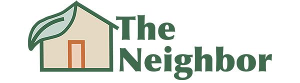 Logo for The Neighbor with a green house and leaf icon next to dark green text