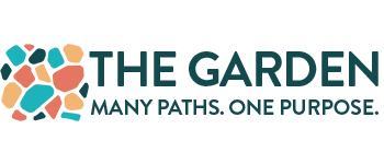 The Garden logo with teal and coral mosaic icon and tagline “Many Paths. One Purpose.”