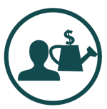 Silhouette of person beside a watering can with a dollar sign on it, inside a green circle.
