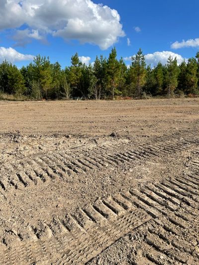Tire tracks in a sandy field under a blue sky, with a line of green trees in the background