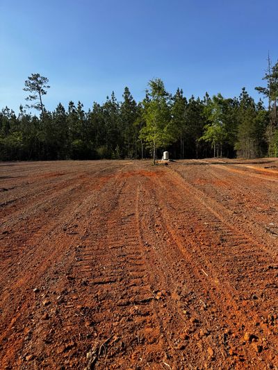 Red dirt field with tire tracks leading to a small white structure, bordered by trees under a clear blue sky