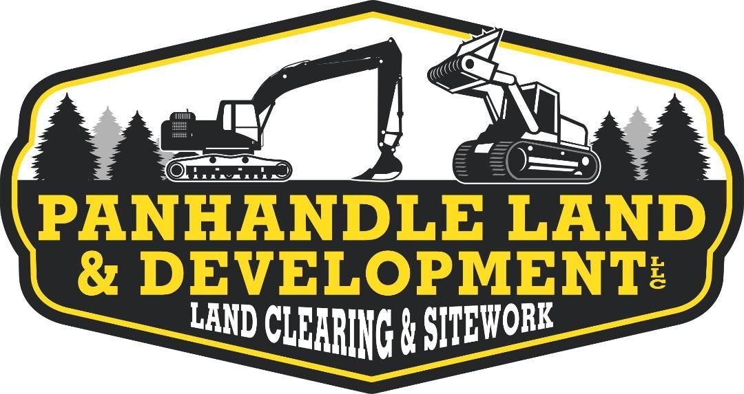 Panhandle Land & Development logo with excavator, dozer, and land-clearing text in yellow and black
