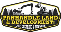 Panhandle Land & Development logo with excavator, dozer, and land-clearing text in yellow and black