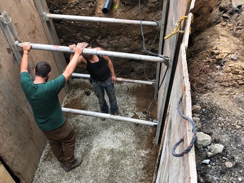 Two workers inside a shored trench, handling metal supports.