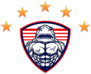 Buff shark mascot with angry expression, in shield with stars.