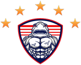 Buff shark mascot with angry expression, in shield with stars.