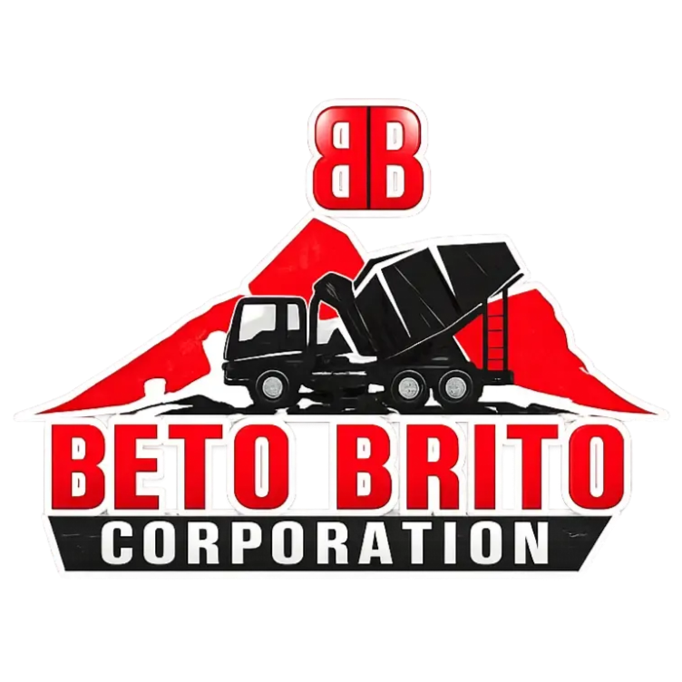 Logo for Beto Brito Corporation with red, black, and white dump truck graphic and “BB” initials