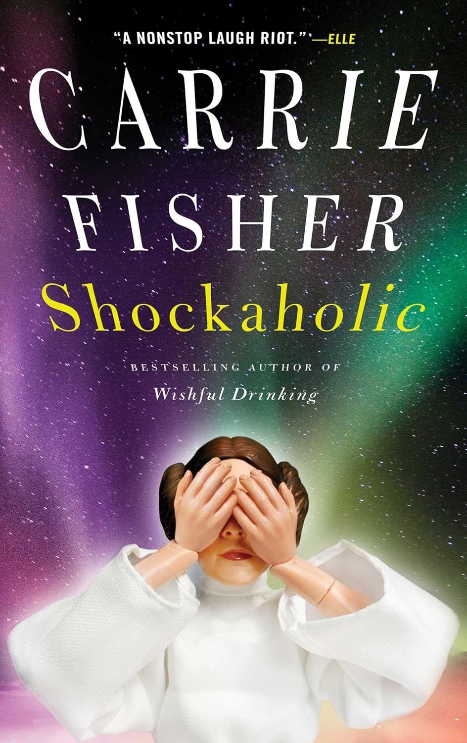 Carrie Fisher’s book cover, Shockaholic, with her in white covering her face against a dark green background
