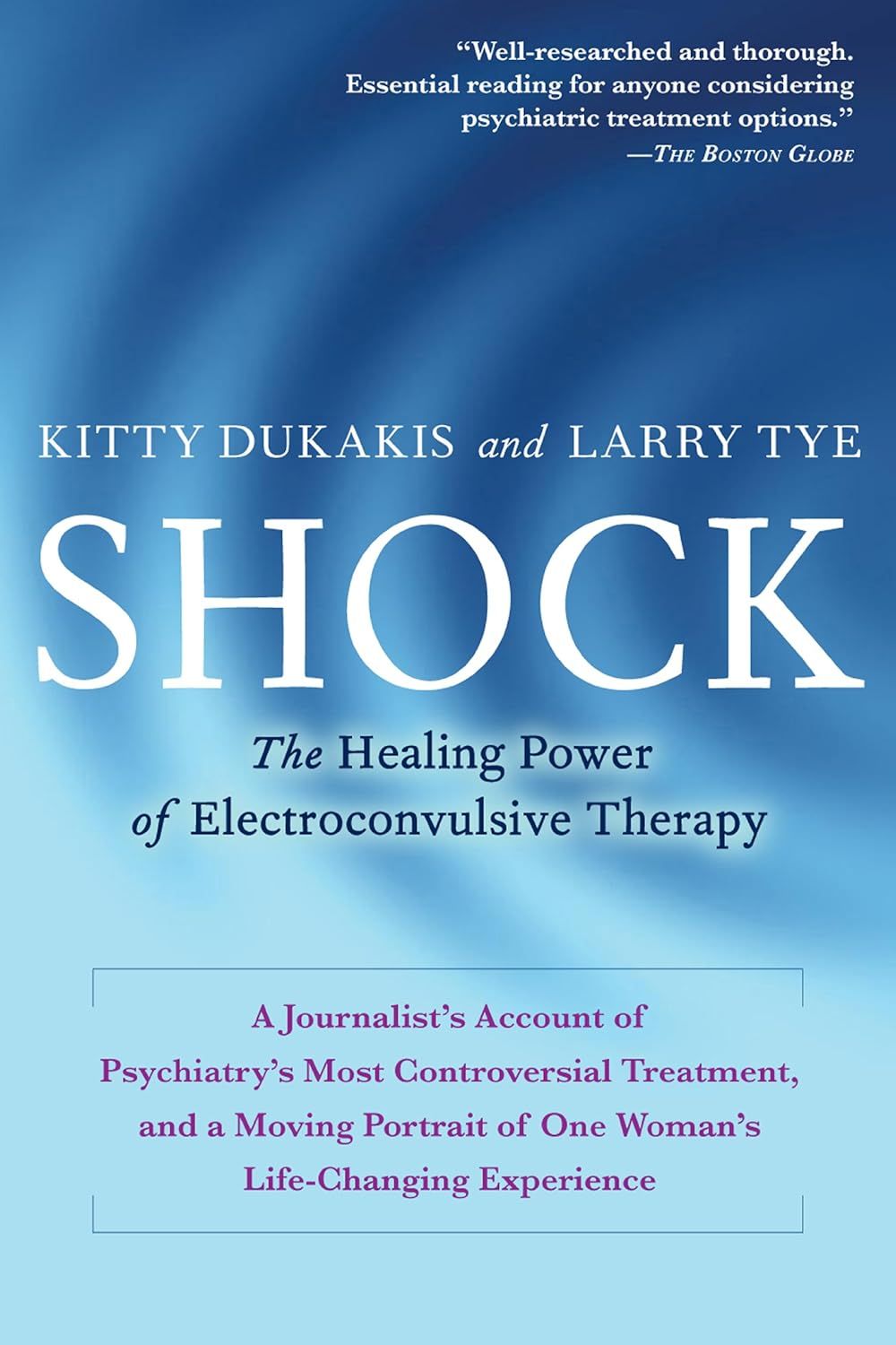 Book cover for “Shock” by Kitty Dukakis and Larry Tye, blue with white title text and subtitle on electroconvulsive therapy