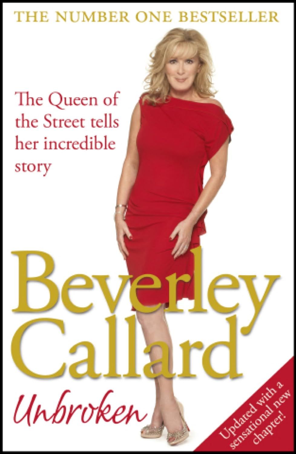 Book cover of “Beverley Callard: Unbroken” featuring a woman in a red dress on a white background.