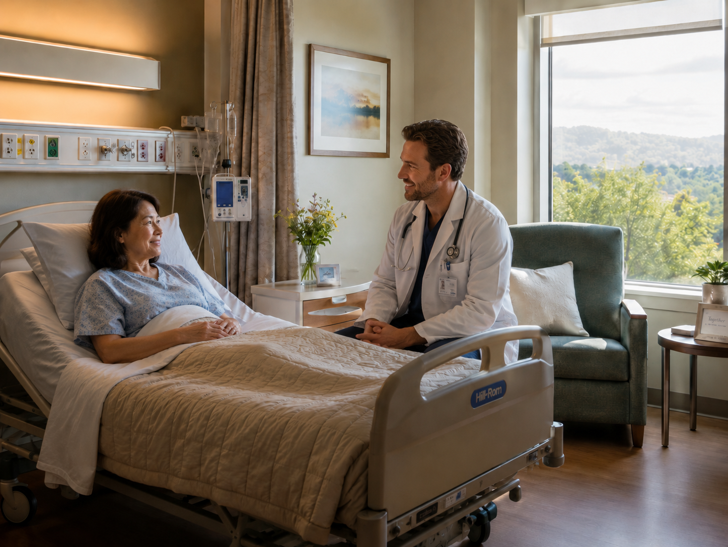 Patient speaking with a doctor in a bright hospital room by a large window