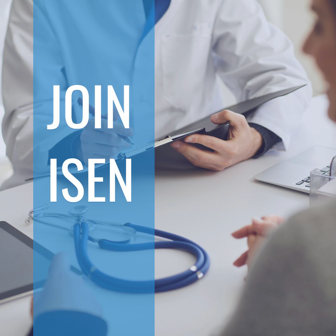 Doctor consulting with a patient at a desk, with a blue stethoscope and “JOIN ISEN” text overlay.