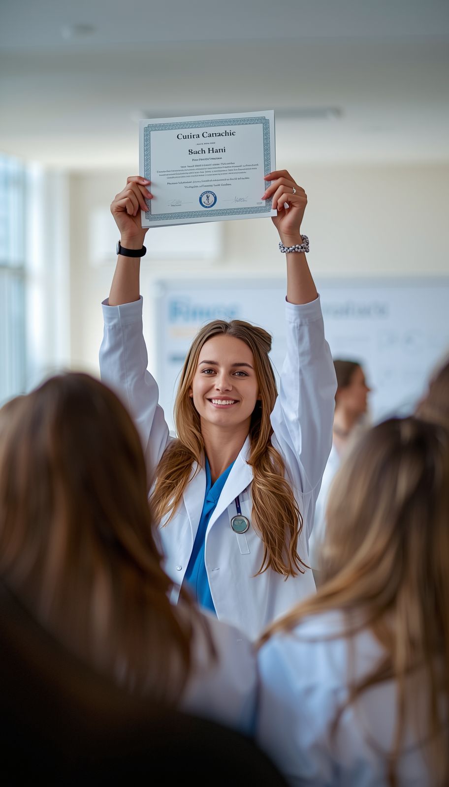 Woman in a white coat smiles and holds up a certificate during a classroom ceremony.