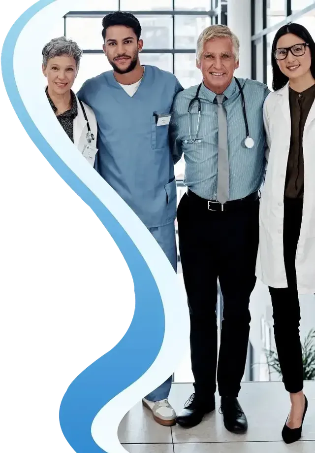Four medical professionals standing together in a bright clinic, with a blue ribbon-like graphic on the left