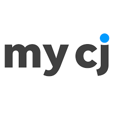 Mycj logo in dark gray with a blue dot above the j