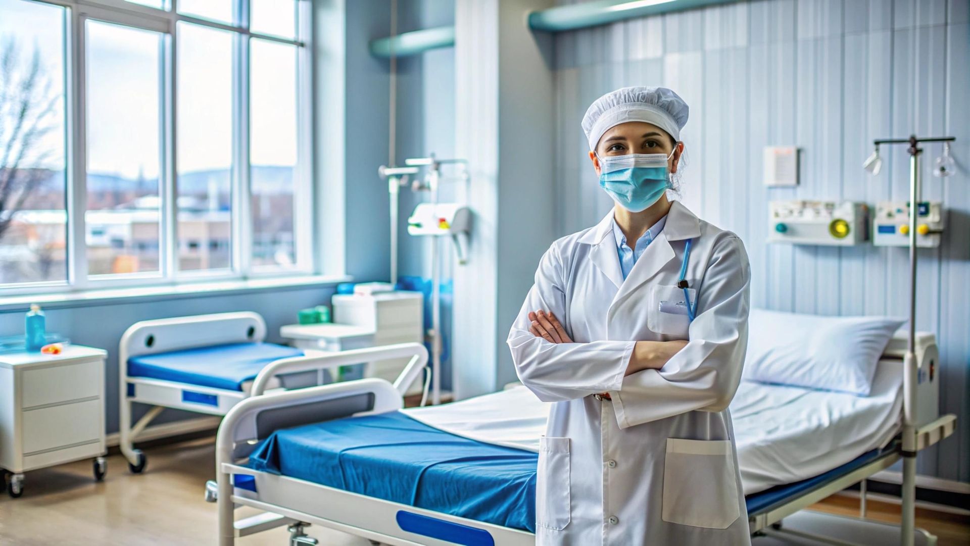 Masked doctor standing in a bright hospital room beside two beds