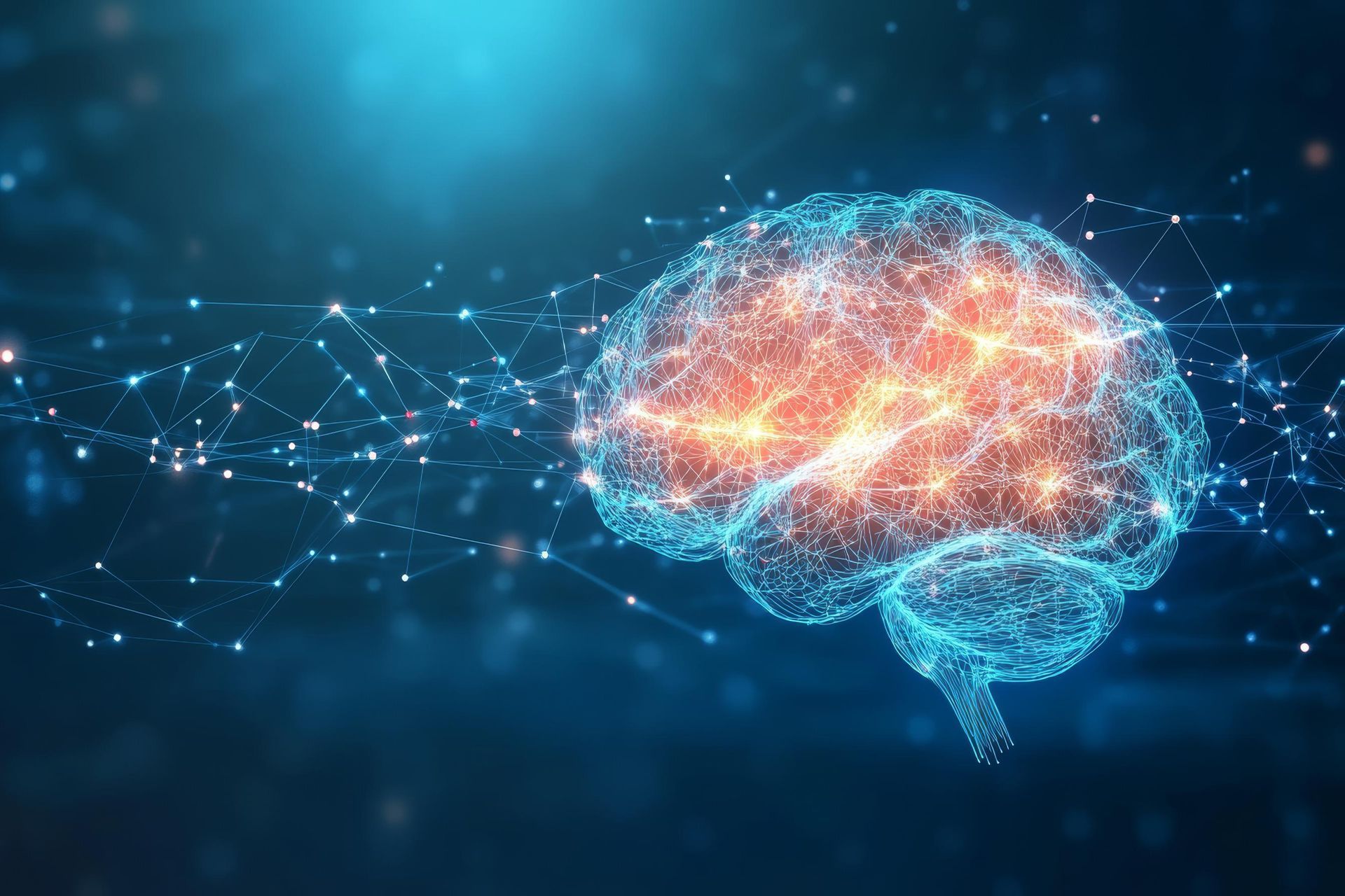 Glowing digital brain made of network lines on a blue background