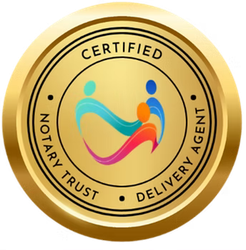 Gold seal: Certified Notary Trust Delivery Agent. Features abstract figures in a heart shape.
