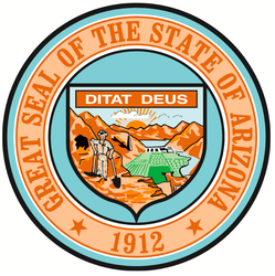 Arizona state seal: A farmer, mountains, dam, and the words 