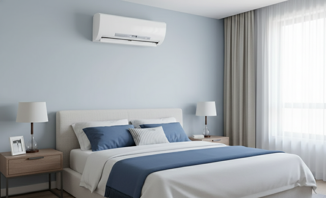 Bedroom with air conditioner, bed with blue bedding, two nightstands with lamps, and a window with curtains.