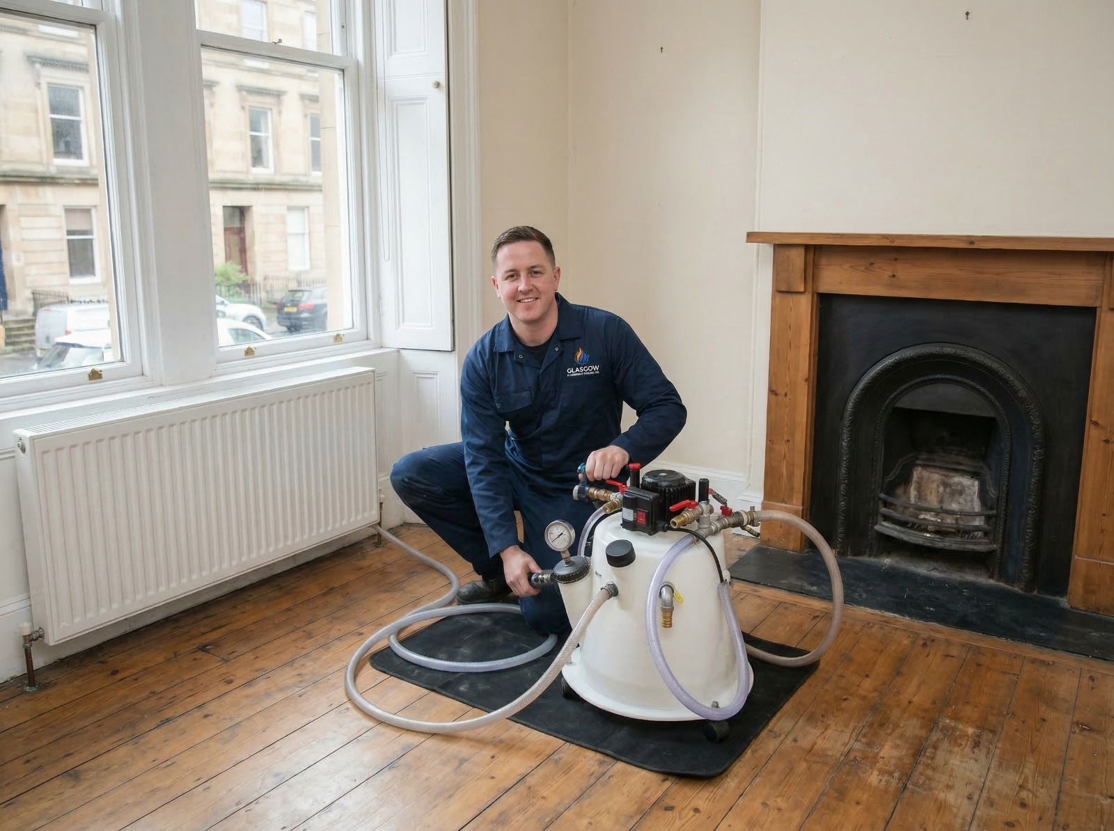 Kamco power flushing machine connected to a central heating system in a Glasgow home