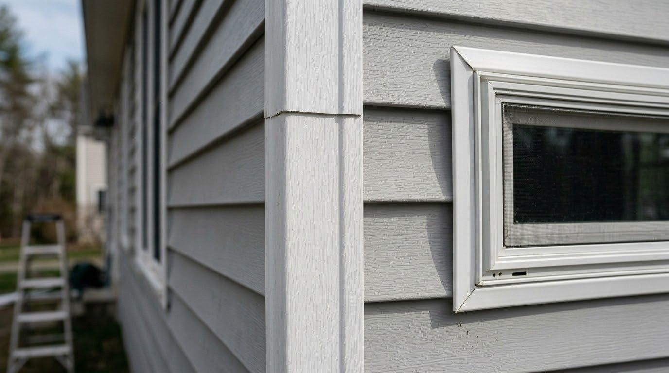 Gray house siding with a white trim corner and small window