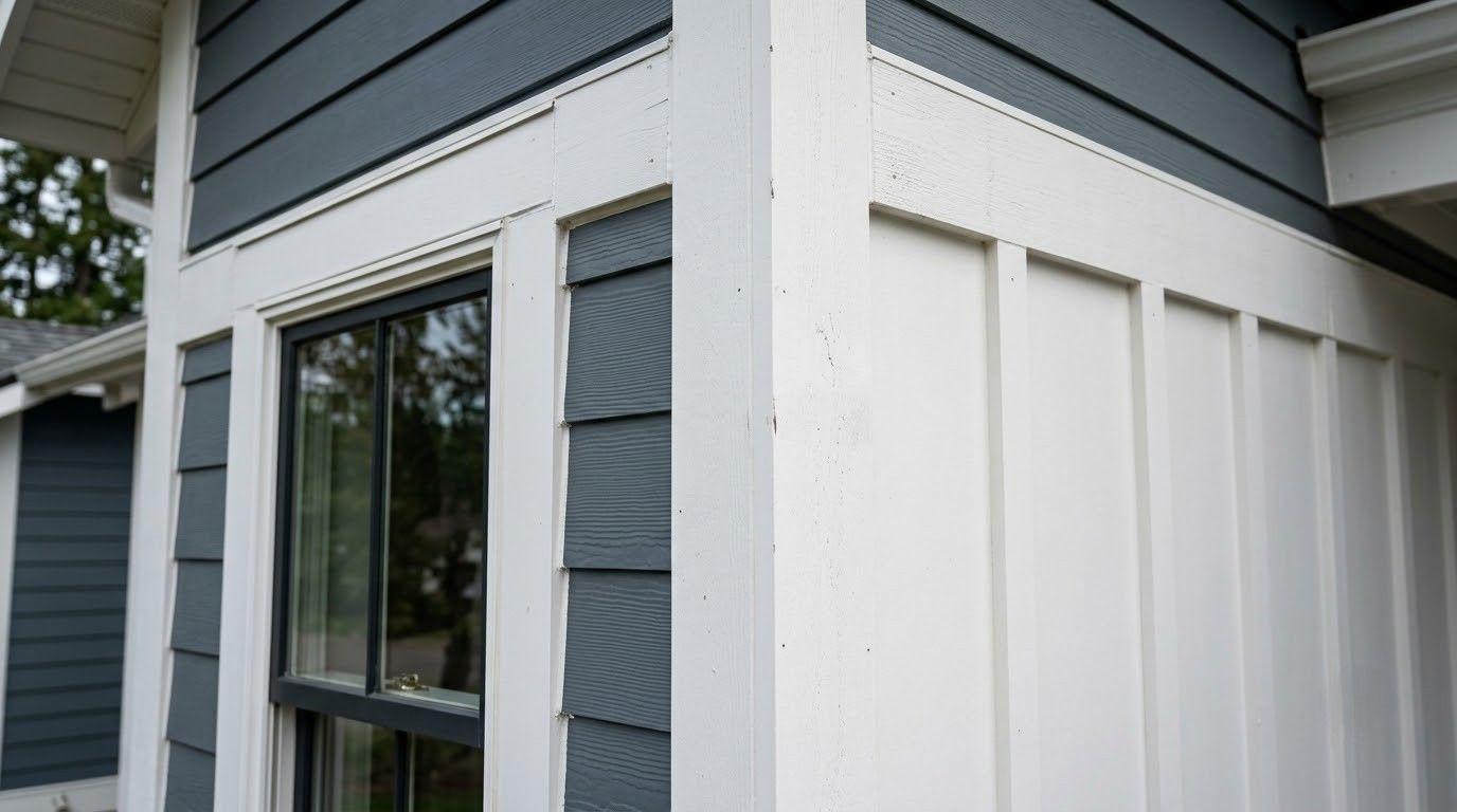 Exterior corner of a house with blue-gray siding, white trim, and a window