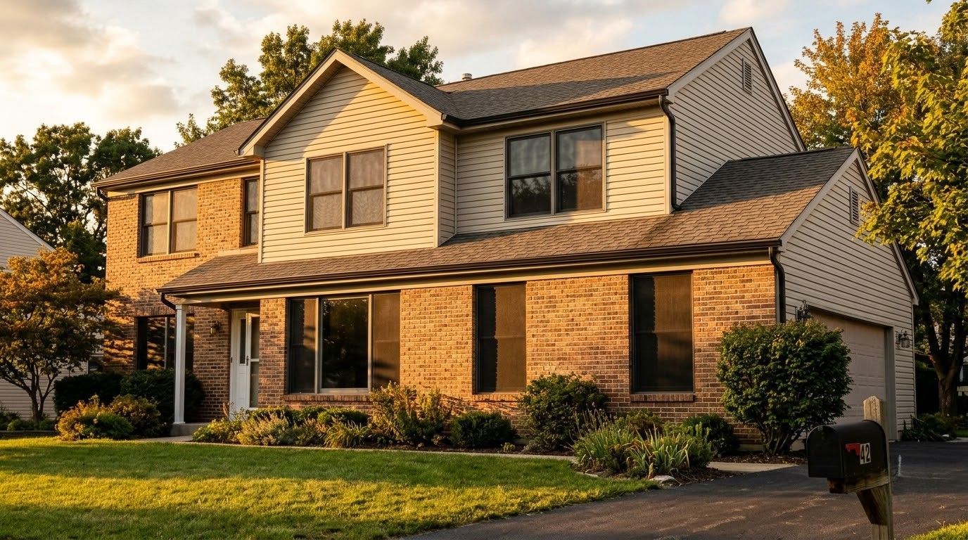 Two-story suburban house with beige siding, brick porch, and a sunlit front yard