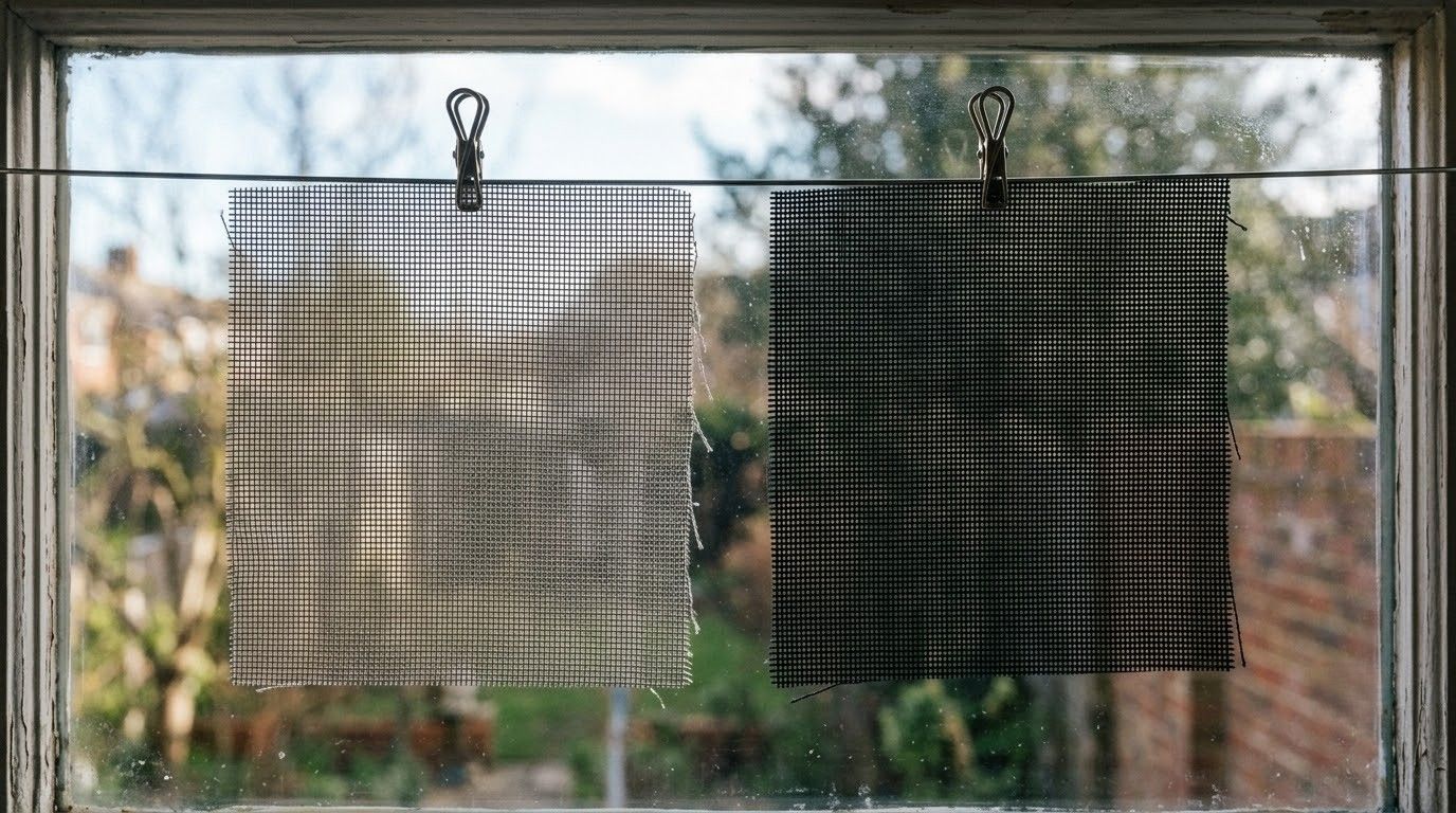 Two checkered cloth squares clipped to a window, one light and one dark, with a blurred garden outside.