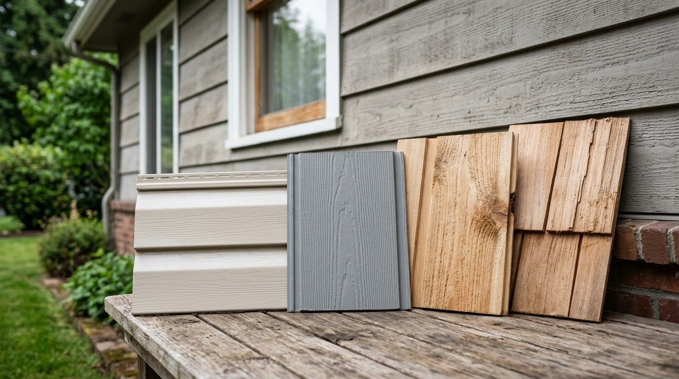 Wood siding samples leaning on a house porch beside gray exterior walls and a window