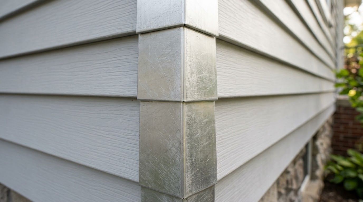 Close-up of gray house siding meeting at an exterior corner with a white trim cap