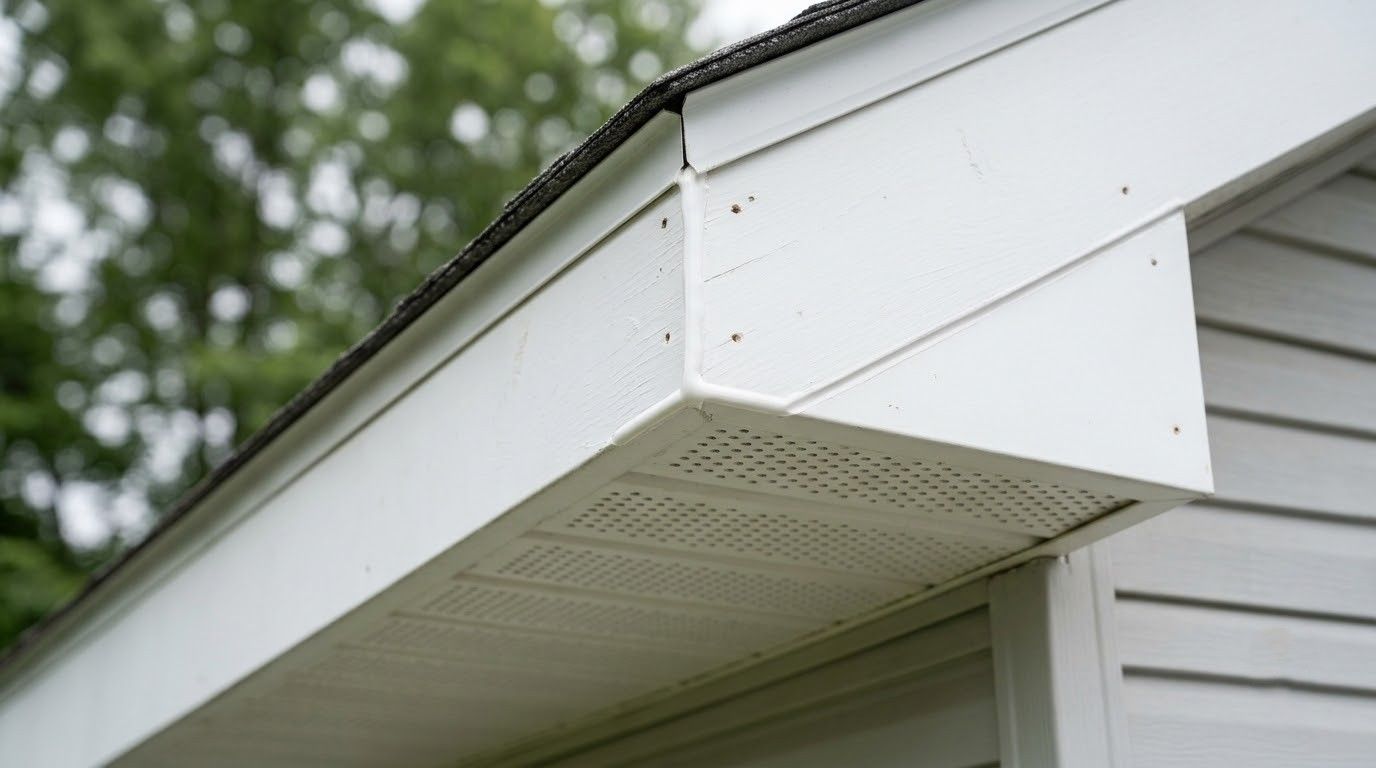 Close-up of a white house eave and soffit with a vented panel under the roofline