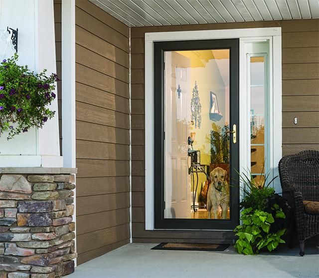 Front porch with glass front door, tan siding, stone column, and potted plants.