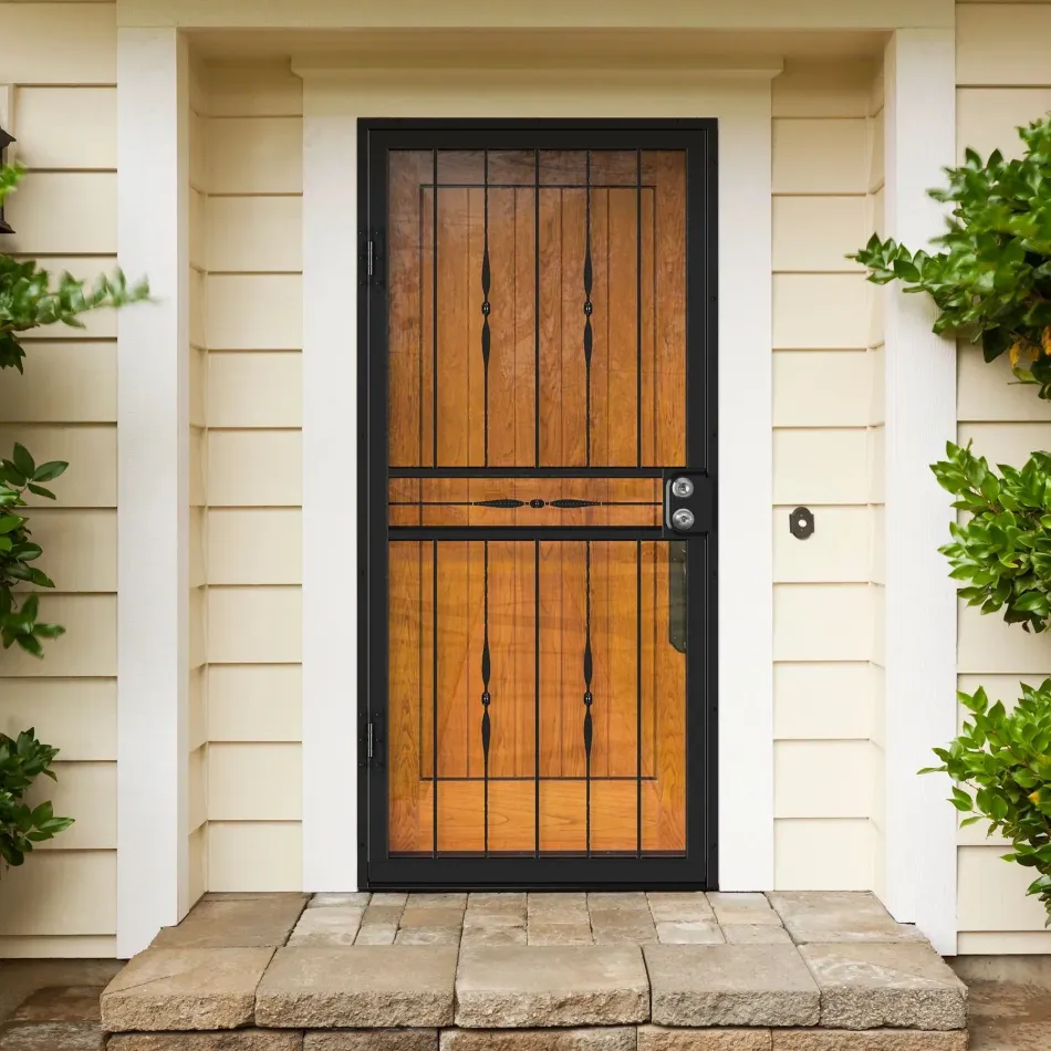 Front entry with a black-framed wooden door, beige siding, and stone step stoop
