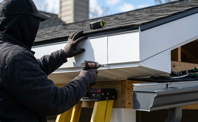 Person painting an exterior fascia board with a spray gun under a roof edge